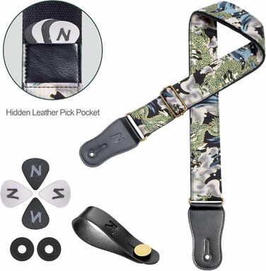 Японський гітарний ремінь Nefelibata з бавовни для акустичної гітари та укулеле, адаптер для голівки грифа, медіатори, регульована довжина 38'-64', візерунок дракона