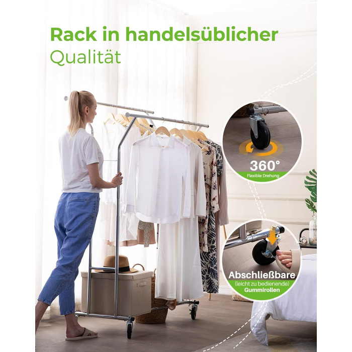 HOKEEPER Heavy-Duty Clothes Rack, Commercial Grade, Up to 181 kg (400 lbs) Load Capacity, Extendable Clothes Rod on Wheels, Durable Double Rails for Hanging Clothes, Silver