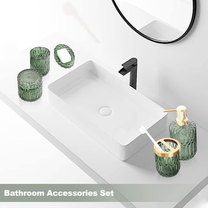 Bathroom Set, 5-Piece Glass Bathroom Accessory Sets including Lotion Dispenser, Soap Dish, Toothbrush Holder, Cup, Cotton Swabs, Modern Bathroom Decoration, Vintage Gift, Bathroom Decor Set (Green)