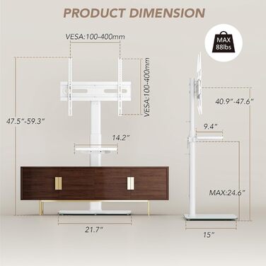 Adjustable TV Stand for 32-65 inch TVs - Swivel & Tilt, 2-Tier Shelves, VESA 400x400, 35kg Capacity (White)