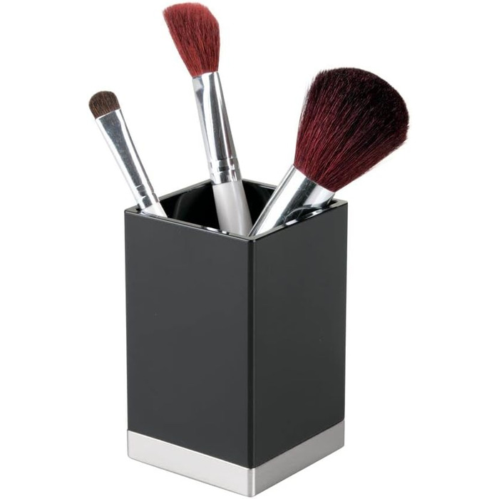 mDesign Plastic Bathroom Storage Jars, Vanity Decor Accessories, Countertop Organizer, Soap Dispenser, Toothbrush Holder, Lumiere Collection, 4-Piece Set – Black/Brushed