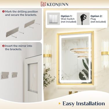 Дзеркало для ванної кімнати Keonjinn з підсвічуванням, чорний металевий каркас 60x80 см, LED, антизапар, сенсорне керування, 3 кольори світла, регулювання яскравості, пам'ять, настінне дзеркало