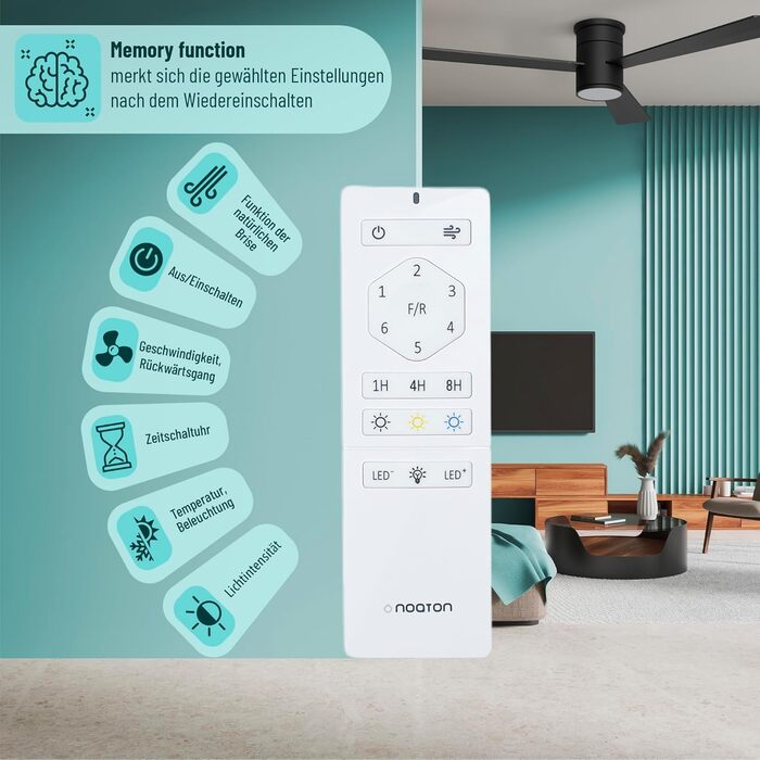 Стеляний вентилятор Noaton® Fornax Weiß з підсвічуванням, діаметр 132 см, DC двигун 40 Вт, регульоване LED-модуль 22 Вт, 3 колірні температури, пульт дистанційного керування, таймер, потік повітря до 185 м³/хв (Zoya BB)