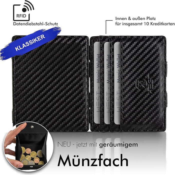 WEST - Magic Wallet (Classic) with large coin compartment - including elegant gift box - wallet with coin pocket - The perfect companion for on the go - RFID protection (Carbon)