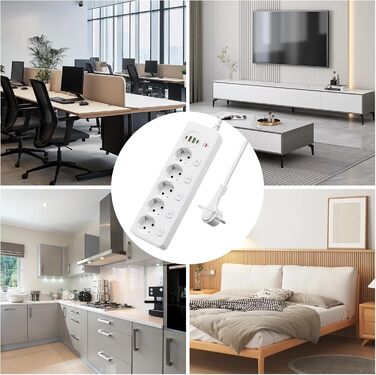 Мережевий адаптер 5-фазний з індивідуальним вимикачем, з 2 USB-A та 2 USB-C, мережевий розподільник 5-фазний з вимикачем, мережева стрічка настінна з 2м кабелем, PD 20W - Білий