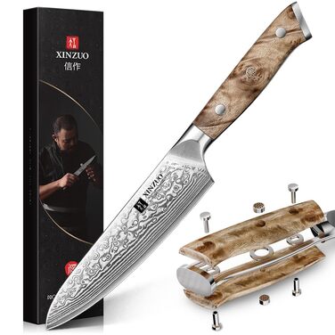 Ніж кухарський Kiritsuke XINZUO, Дамаська сталь 10Cr15CoMoV, дерев'яна рукоятка з клена (14.8 см) - для м'яса, риби, овочів