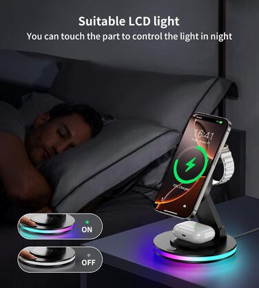 Зарядний пристрій MagSafe 3-в-1 для Apple Watch та iPhone, складний, поворотний з регулюванням світла, бездротовий зарядний стан MagSafe для iPhone 16/15/14, AirPods (без адаптера) - Чорний