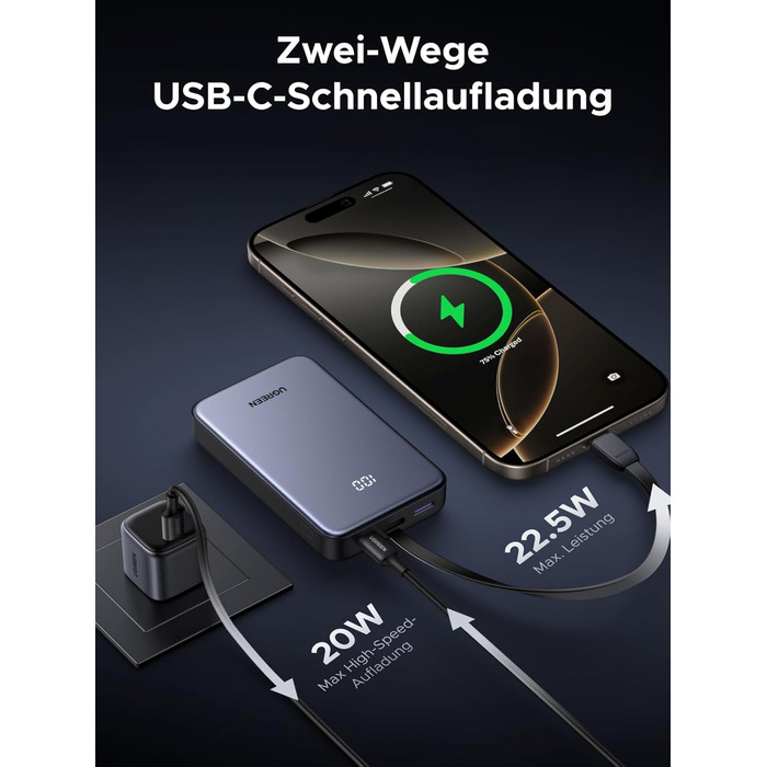 Power Bank UGREEN 20000mAh 22.5W з USB-C кабелем: заряд для iPhone, Samsung Galaxy та інших