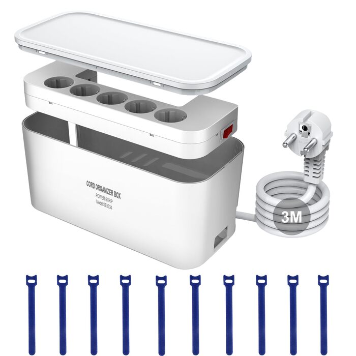 Мережевий фільтр із кабельною коробкою: 5 розеток, 3 USB-порти, органайзер для кабелів, білий кабель 2м