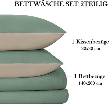 Комплект постільної білизни 135x200 (4 частини) з мікрофібри, двостороння, м'яка та без прасування. Включає: простирадло 135x200, 2 наволочки 80x80 см (з блискавкою). Колір: пастельно-зелений/теплий бежевий