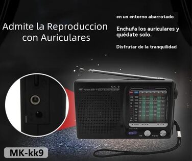 Портативне радіо Raypow 9-діапазонів FM/AM/SW1~SW7, транзисторне, з акумулятором 2 AA, компактне, потужний динамік, для дому та вулиці, чорне