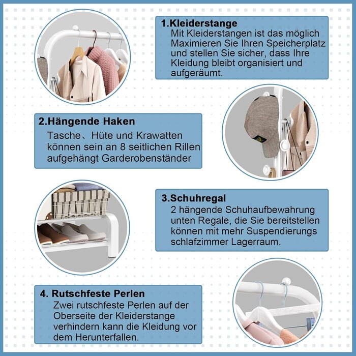 Clothes Rack, Coat Rack Stable Clothes Rod with 6 Hooks and 2 Shoe Shelf Storage Shelf, Bedroom Clothes Rack Freestanding Clothes Rail, (White)