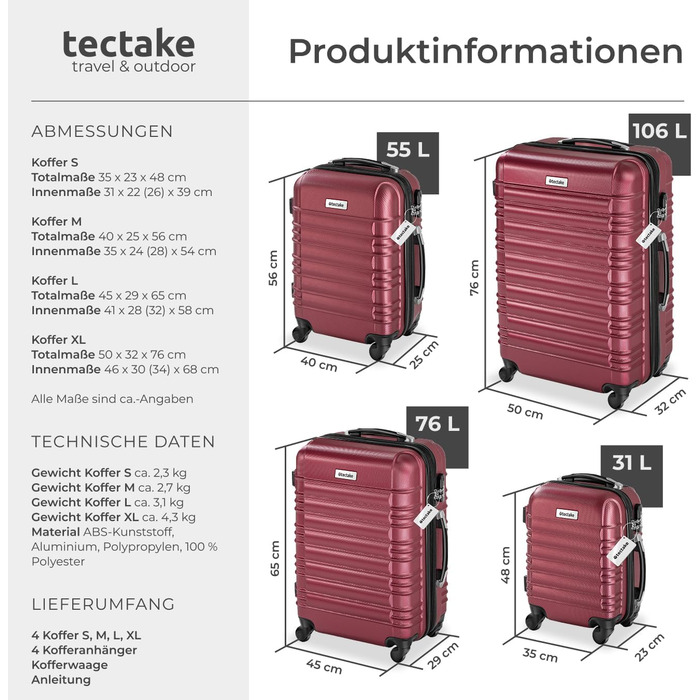 Набір валіз Tectake® 4 шт. з жорстким корпусом ABS, з колесами, телескопічною ручкою та замком, включаючи ваги та аксесуари для валіз. Розміри: S, M, L, XL (Бордовий)