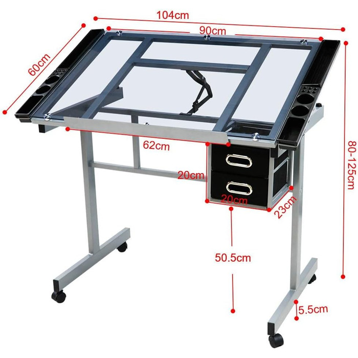 Yaheetech Adjustable Drafting Table - Tilting Glass Top Desk for Architects, Artists & Painters - 90cm x 60cm
