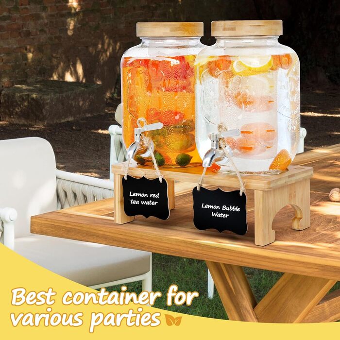 Скляний диспенсер для напоїв на підставці 2x4L з нержавіючою сталею, з краном для соків, води, домашніх напоїв, вечірок та свят