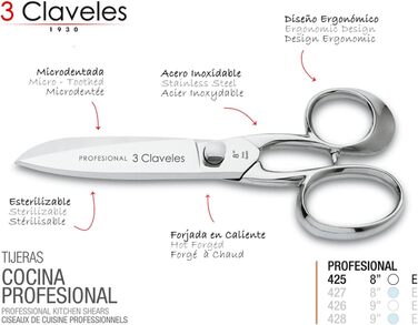 Професійні кухонні ножиці 3 Claveles, нержавіюча сталь, 20 см, блискучі