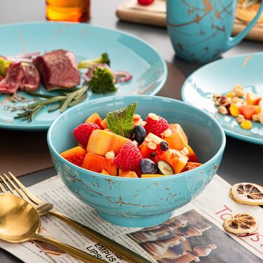 LOVECASA Набір посуду з порцеляни Sweet 16, 48-елементний сервіз, посуд для їжі з золотим декором, для 4-12 осіб, блакитний колір