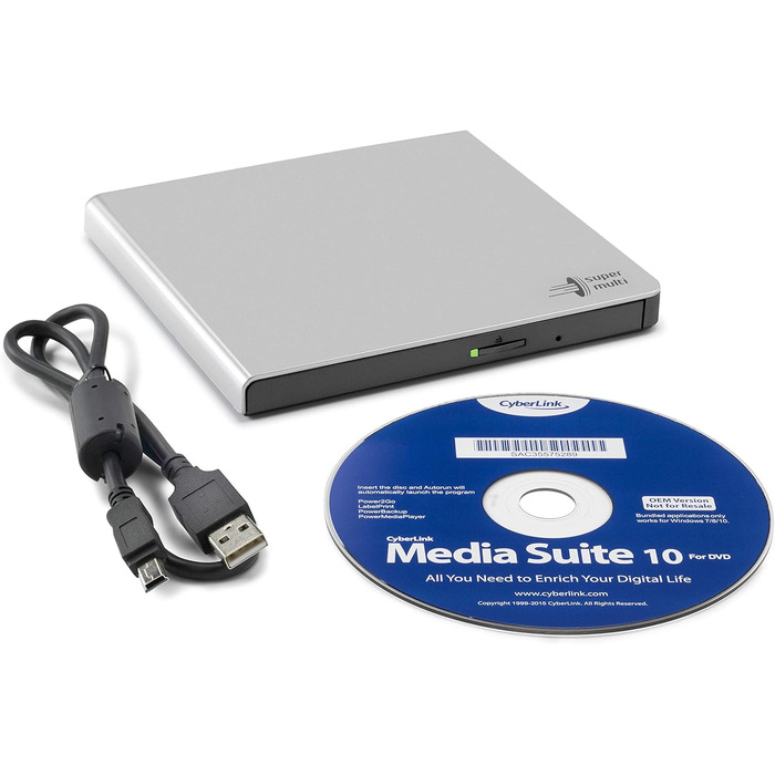 Зовнішній DVD-привід Hitachi-LG GP57, портативний Slim DVD-плеєр та записник для ноутбука та ПК, USB 2.0, сумісність з Windows та Mac OS, швидкість 8x, сріблястий