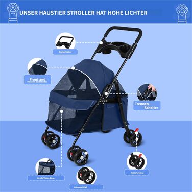 Візок для собак 2в1 до 15 кг, сумка-переноска, блакитний. З гальмом та підстаканниками