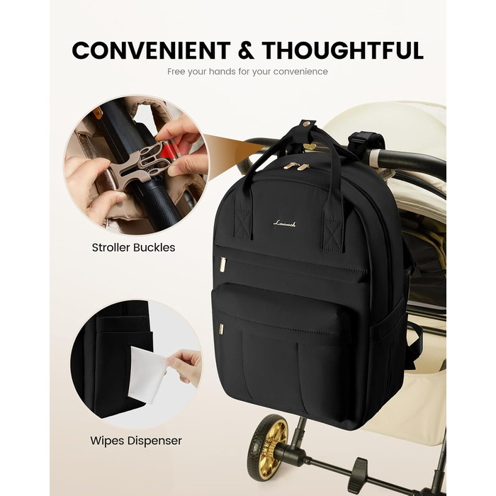 Рюкзак-переноска LOVEVOOK для мами та тата: рюкзак-сумка для догляду за дитиною з пеленальною підкладкою та ременями для дитячої коляски, чорний M