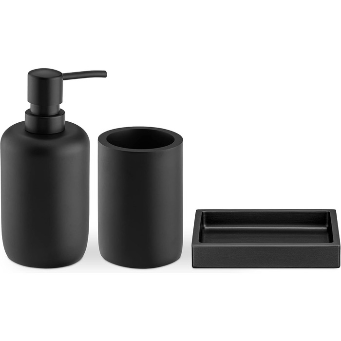 Набір для ванної кімнати Navaris чорний 3 шт. - дозатор мила, стакан для зубної пасти та мильниця. Декоративні аксесуари для ванної кімнати з штучної смоли, матове покриття.