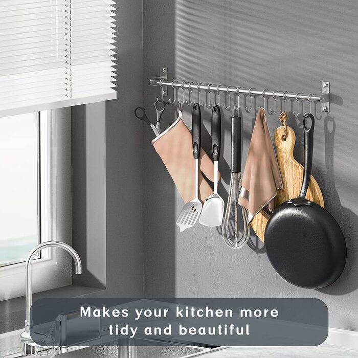 Booxihome Kitchen Rail Stainless Steel Hanging Rail Kitchen Utensil Holder Rustproof Pan Holder Cup Holder with 15 Hooks for Kitchen Aids Cooking Accessories Kitchen Utensils (60cm)…