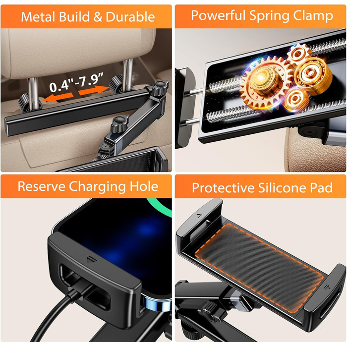 Тримач для планшета в авто, [алюмінієвий довгий кріплення] Тримач для планшету на підголівник авто, [надійно фіксується] Тримач для iPad в авто, чорний, H2