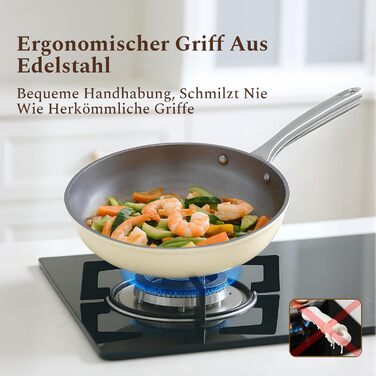 Набір сковорідок Koch Kode: керамічне покриття, 20/24/28 см, з нержавіючою ручкою, для індукційних плит, без PTFE та PFOA, безпечне для здоров'я, бежевий (20 см)