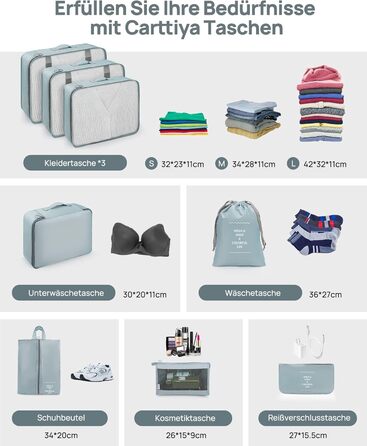 Органайзери для валізи 8 шт., дорожні куби для подорожей, водонепроникні, з косметичкою, сірі