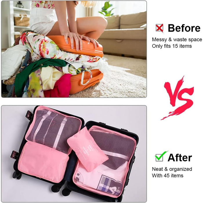 Органайзер для валізи OSDUE, набір 6 шт., Packing Cubes, водонепроникні сумки для одягу, туристичний органайзер для валізи (Рожевий)