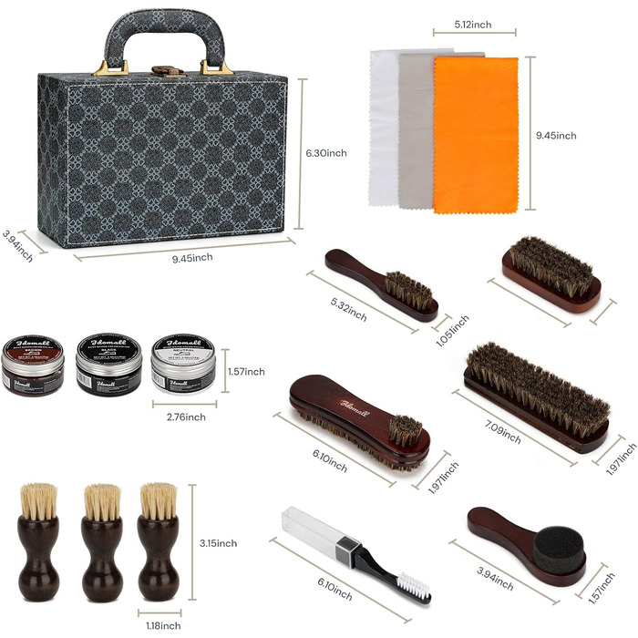 Shoe Polish Set 16-Piece, Premium Deluxe Shoe Cream Kit - 2.65 oz black, brown, and neutral shoe cream with brushes, polishing cloth, and more - Perfect gift for leather shoes and boot care set