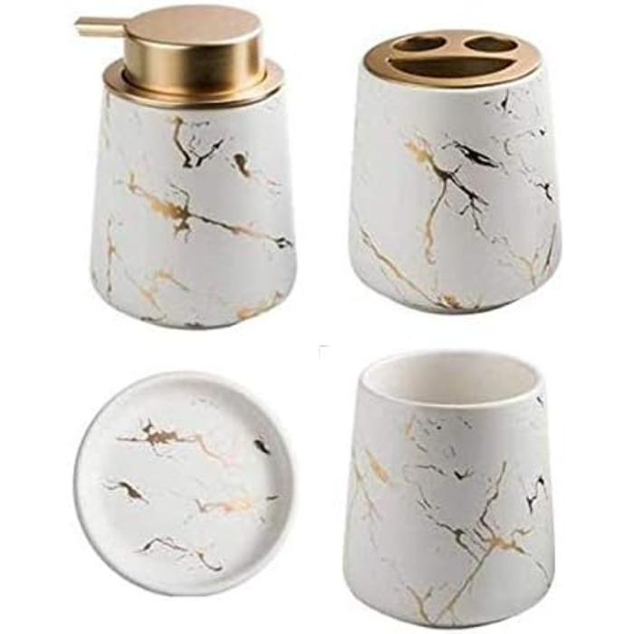 Набір для ванної кімнати з 4 предметів, кераміка, набір аксесуарів для ванної кімнати, імітація мармуру, себорер, стакан для зубної пасти, тримач для зубних щіток, тримач для мила (темно-зелений) (білий)