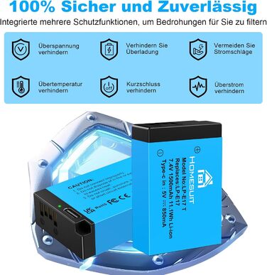 Акумулятор LP-E17 1300mAh Homesuit та LED-зарядний пристрій Dual USB для Canon Rebel SL3, SL2, T8i, T7i, T6i, T6s, EOS R10, R50, R8, RP, M3, M5, M6, 200D, 77D, 750D, 760D, 800D, 8000D (2 шт.)