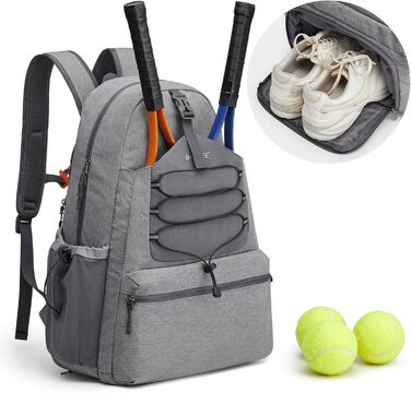 G4Free Tennis Bag Backpack - Large Capacity Tennis Racket Bag with Shoe Compartment for Men & Women (Grey)