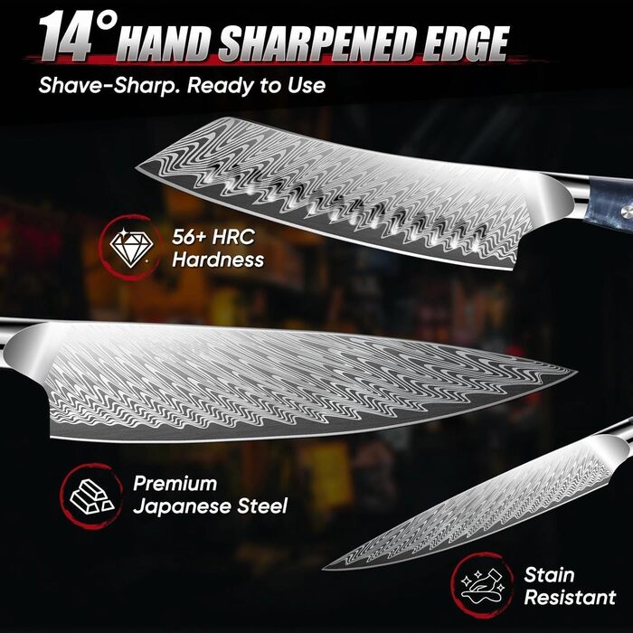 Набір кухонних ножів DRAGON RIOT 3 шт. з ергономічними дерев'яними ручками, японський кухонний набір (Kochmesser, Santoku, Allzweckmesser)