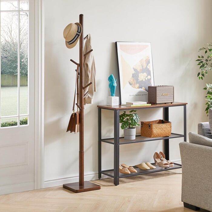YMYNY Solid Wood Wardrobe Rack, Freestanding Clothes Rack with 8 Hooks, Thickened with 3 Adjustable Heights, for Bag, Clothing, Living Room, Natural Color HCR002N (Brown, Square Base)