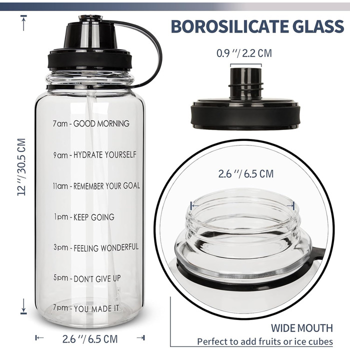 2 Liter Glass Water Bottle with Straw and Time Marker, Motivational Water Bottle with Neoprene Sleeve, Large 2L Glass Bottle for Fitness, Home, and Office, Leak-Proof, BPA-Free