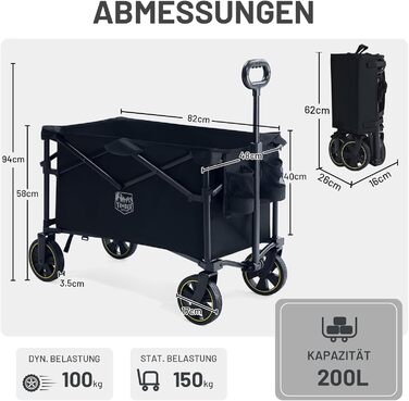 Універсальний складаний візок Timber Ridge 200L для кемпінгу, пляжу та покупок. Чорний, вантажопідйомність 150 кг