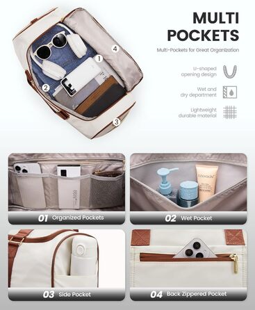 Спортивна сумка LOVEVOOK 37L для подорожей: Weekender, Duffel, Carry-on з відділенням для взуття та мокрих речей, водонепроникна, для відпочинку, авіаперельотів (L, Бежево-чорно-коричнева)