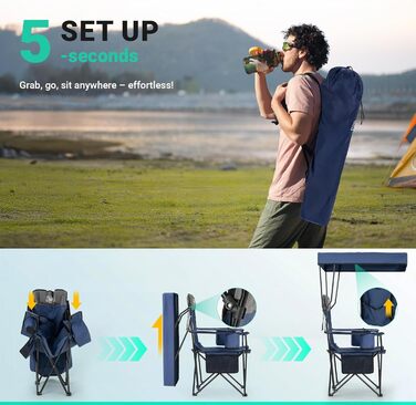 Кемпінговий стілець Overmont зі спадковим дахом, підсклянником та охолоджуючим кишенем - блакитно-сірий