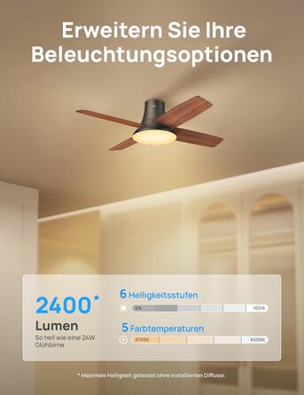 Стеляний вентилятор Dreo з підсвічуванням та пультом керування, 112 см (44 дюйми), плоский, чорний, реверсивний, 5 лопатей, 6 рівнів регулювання яскравості, 6 швидкостей, тихий, з таймером, легка установка для спальні