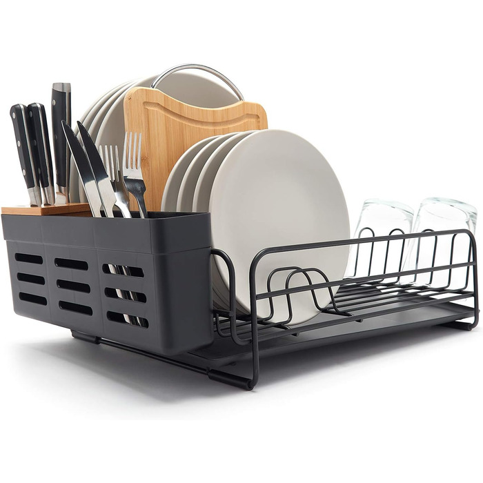 Premium Dish Drying Rack – Drying Rack for Plates with Cutlery Holder and Catch Basin – Black Powder-Coated Steel