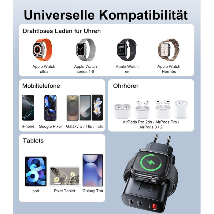 Зарядний пристрій 4-в-1 для Apple Watch та iPhone: 40W USB-C, швидка зарядка PD, сумісний з Apple Watch 10/9/8/7/6/Ultra/SE, iPhone 17/16/15 Pro Max, iPad, AirPods (білий)