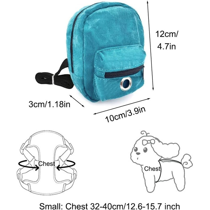 Рюкзак для собак Dongker з повідком 1,2 м, милий рюкзак для маленьких собак з дозатором пакетів для вигулу, S: обхват грудей 12,6-15,7 (L: 14,9-21,2)