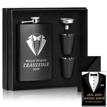Фляга для друга нареченого з гравіюванням, 8oz, чорна, з 4 стаканчиками та воронкою, подарункова коробка, нержавіюча сталь, для весілля