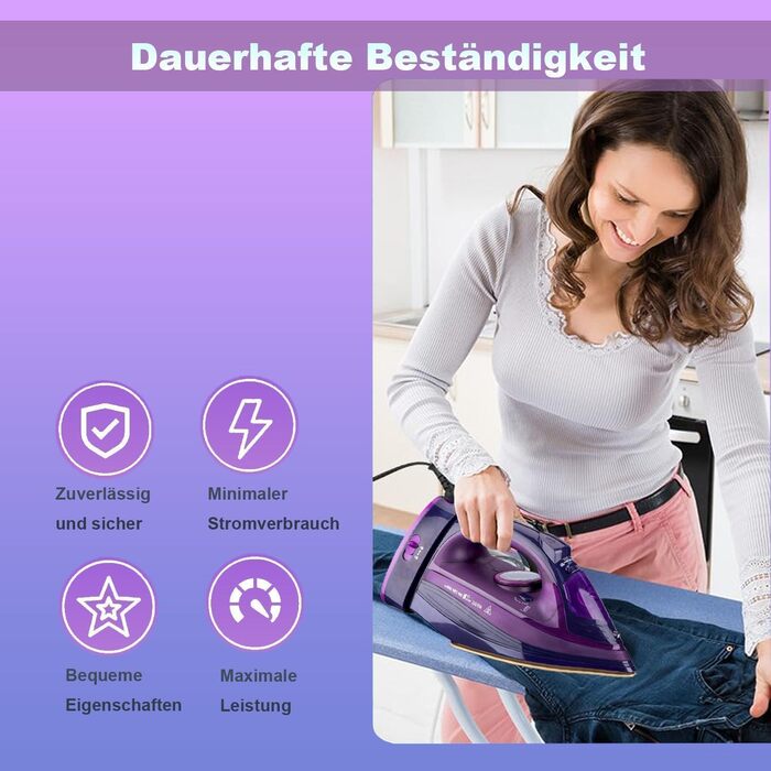 Пароочищувач бездротовий 2400W з керамічною підошвою, функцією вертикального прасування, антикальк, самоочищення та резервуаром для води (фіолетовий)