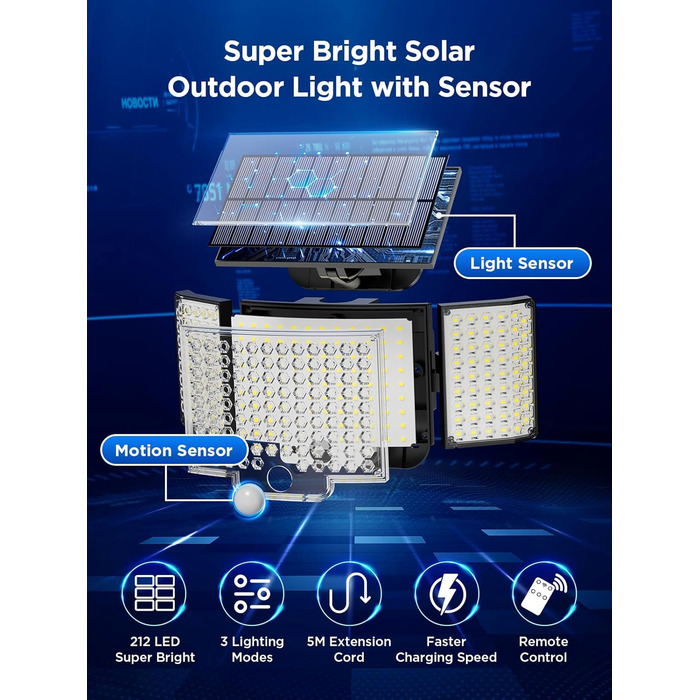 Сонячні ліхтарі для вулиці з датчиком руху, 212 LED, 3 режими, водонепроникні IP65, настінні LED прожектори для саду, комплект 2 шт. (холодне/тепле світло)