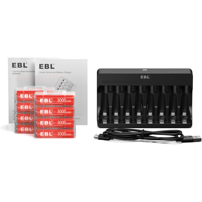 Акумулятори AA EBL 8 шт. 1.5V 3000mWh, перезаряджувані, з зарядним пристроєм M7012, LED дисплеєм, Micro-USB, USB 5V 2A