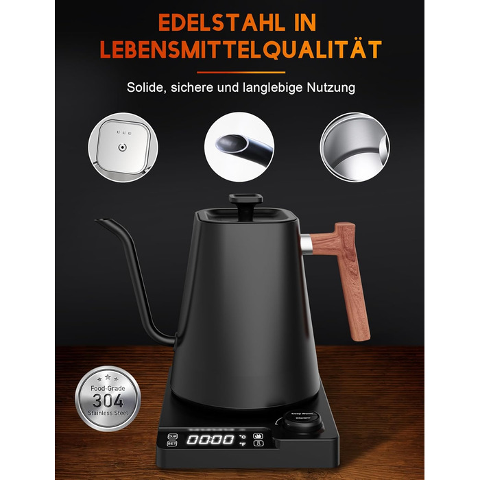 Vmotal Stainless Steel Kettle with Temperature Setting, Swan Neck Kettle, 24-Hour Keep Warm Function, 1200W Electric Kettle with Temperature Display, 1L Coffee Kettle
