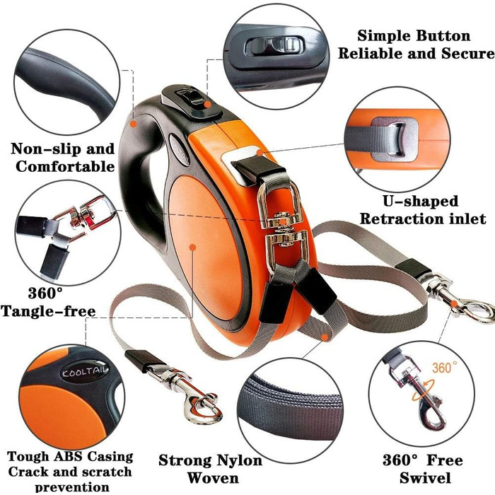 KOOLTAIL Double Dog Leash - Retractable 4.8m for Two Dogs Up to 50kg - Durable, Tangle-Free, with Brake